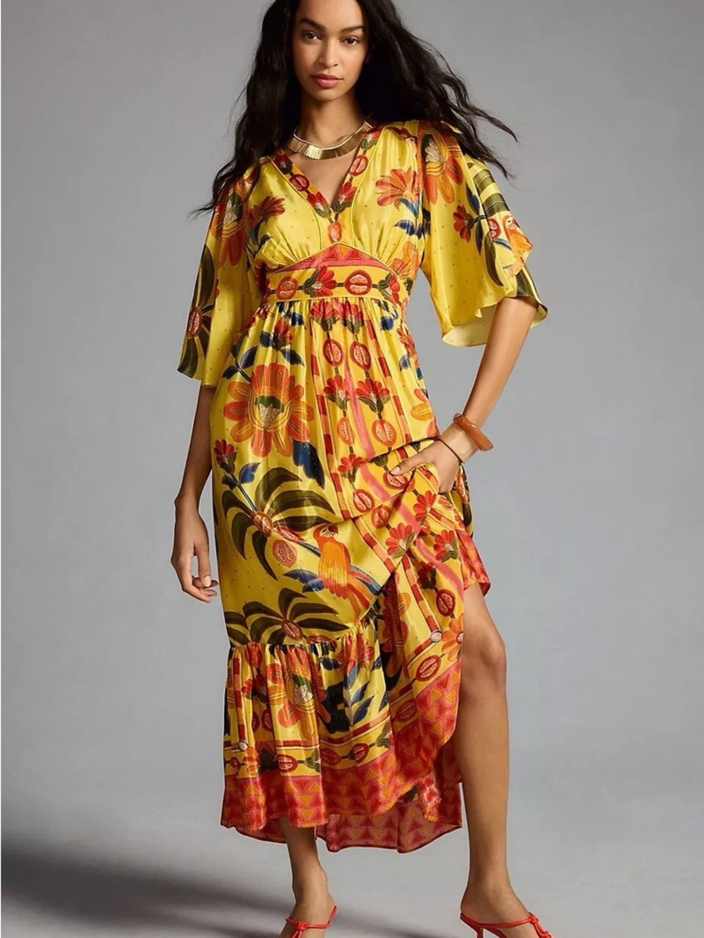 Farm Rio x Anthropologie Printed V-Neck Ruffle-Hem Maxi Dress - Yellow XL